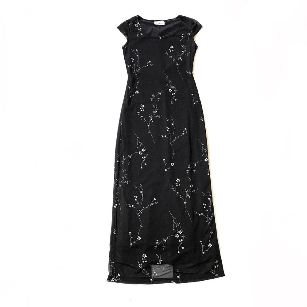 Scarlet Black Silver Floral Maxi Prom Dress Vintage 90’s Gothic Fairycore Boho